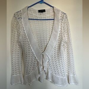 pointelle crochet ribbon tie cardigan